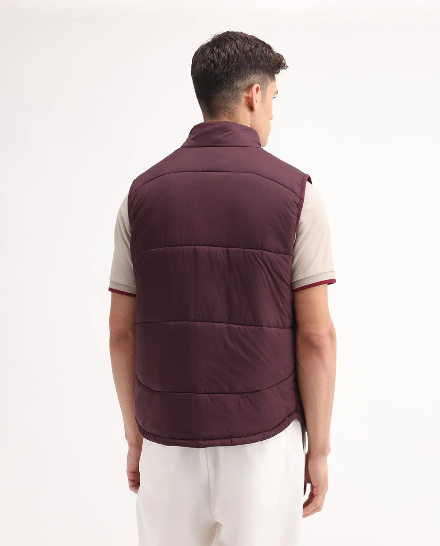 Rare Rabbit Men's Berry-25 Maroon Polyester Plain Regular Fit Sleeveless High Neck Jacket