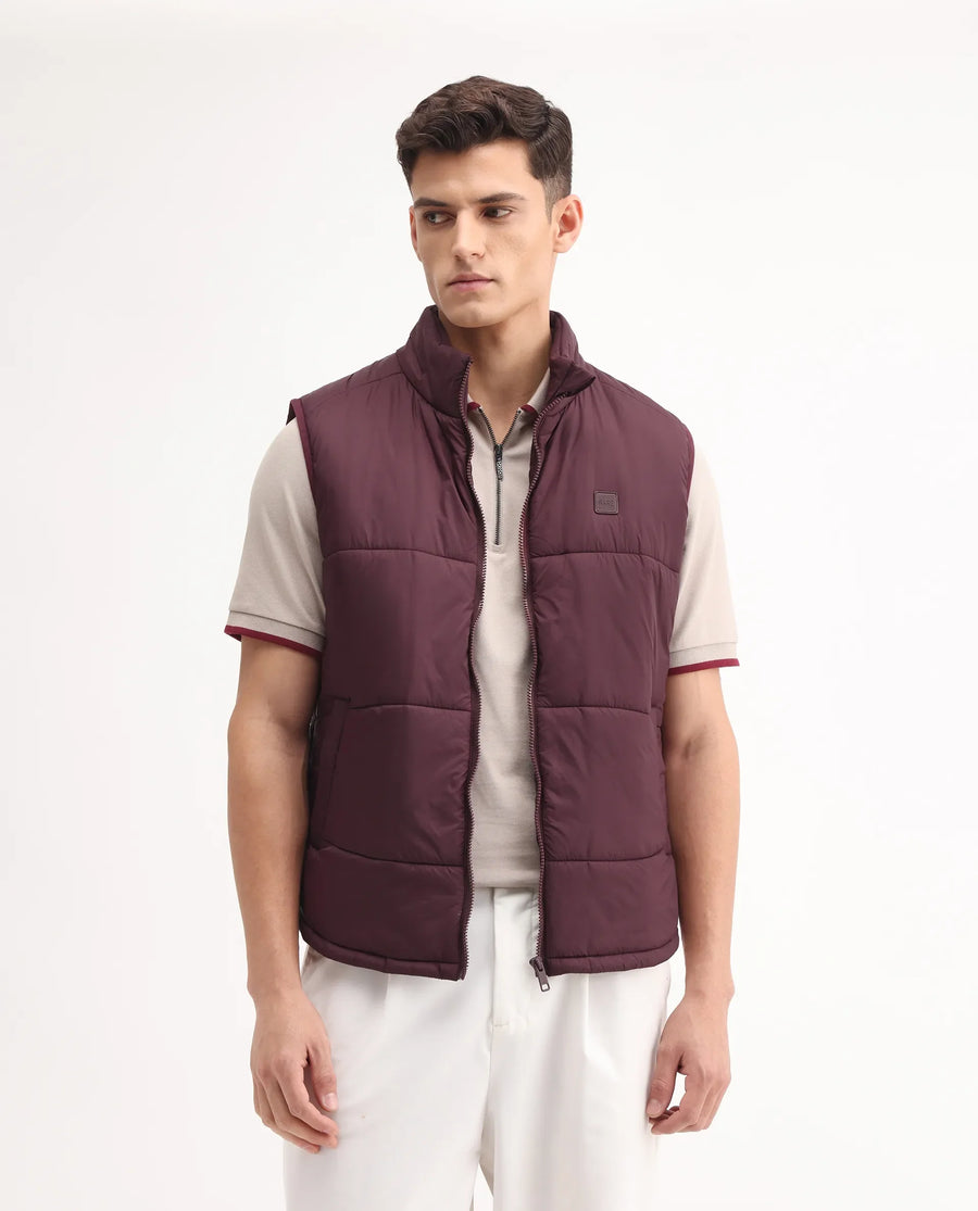 Rare Rabbit Men's Berry-25 Maroon Polyester Plain Regular Fit Sleeveless High Neck Jacket