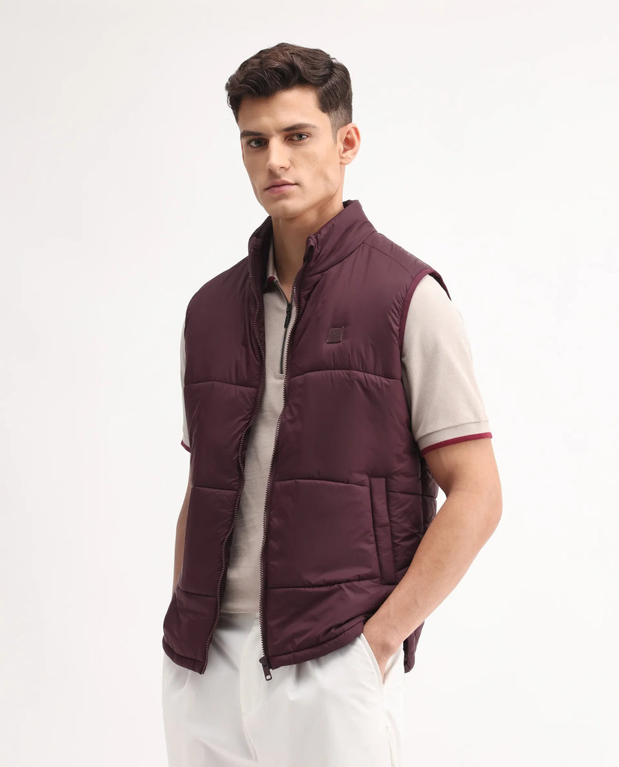 Rare Rabbit Men's Berry-25 Maroon Polyester Plain Regular Fit Sleeveless High Neck Jacket