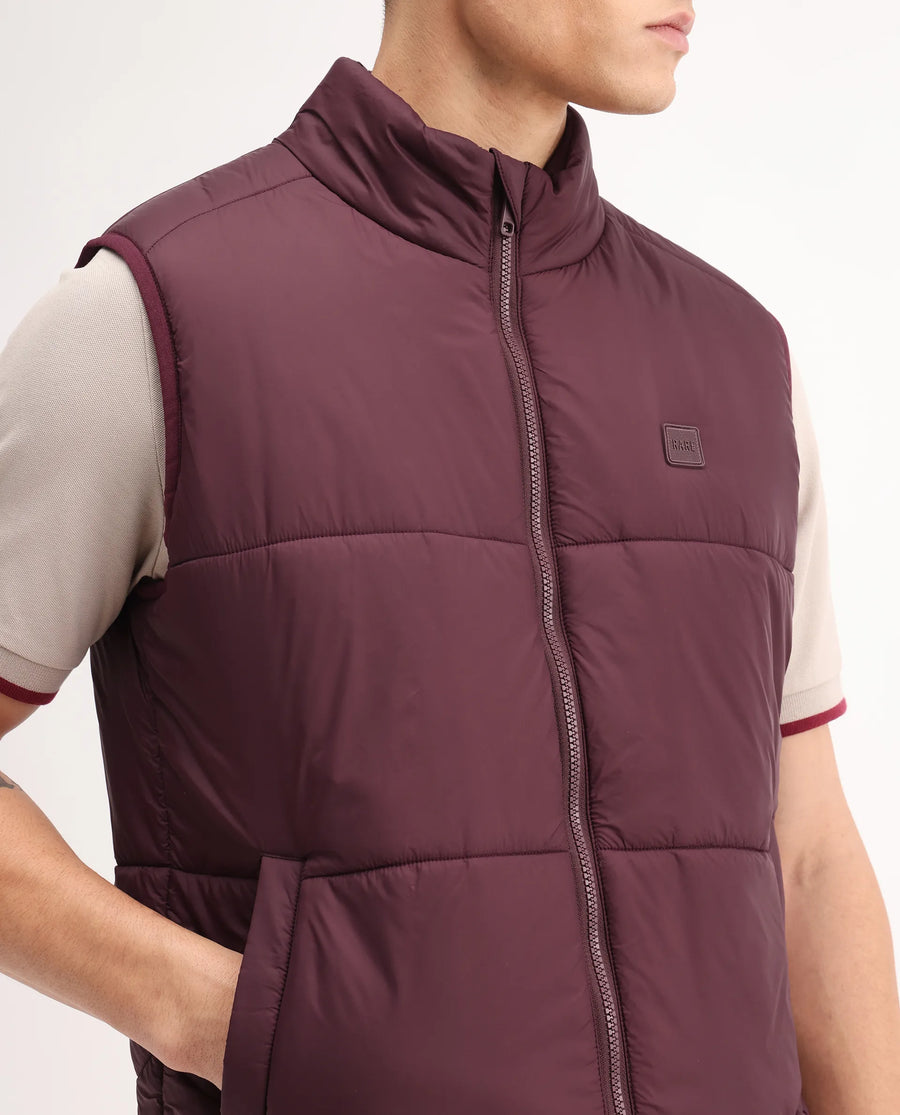 Rare Rabbit Men's Berry-25 Maroon Polyester Plain Regular Fit Sleeveless High Neck Jacket