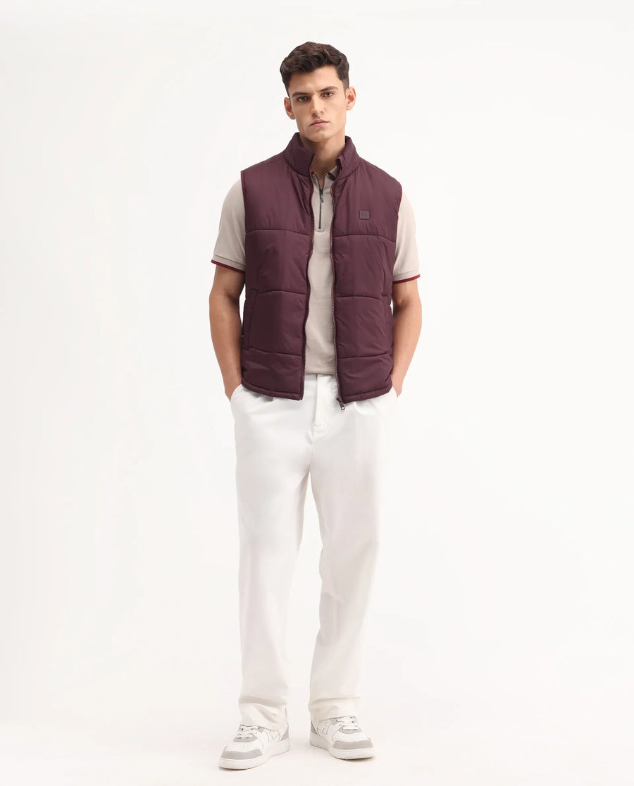 Rare Rabbit Men's Berry-25 Maroon Polyester Plain Regular Fit Sleeveless High Neck Jacket