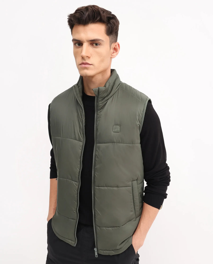 Rare Rabbit Men's Berry-25 Olive Polyester Plain Regular Fit Sleeveless High Neck Jacket
