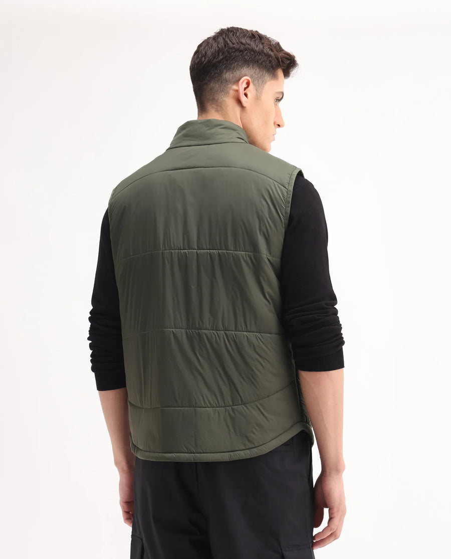 Rare Rabbit Men's Berry-25 Olive Polyester Plain Regular Fit Sleeveless High Neck Jacket