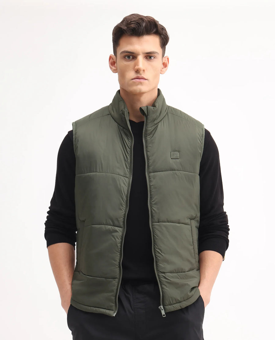 Rare Rabbit Men's Berry-25 Olive Polyester Plain Regular Fit Sleeveless High Neck Jacket