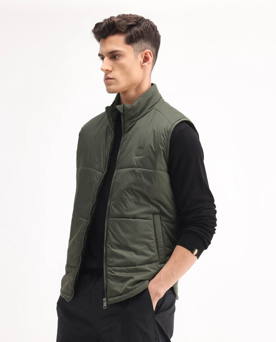 Rare Rabbit Men's Berry-25 Olive Polyester Plain Regular Fit Sleeveless High Neck Jacket