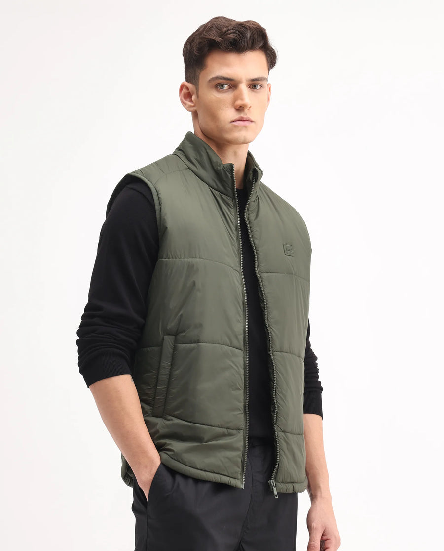 Rare Rabbit Men's Berry-25 Olive Polyester Plain Regular Fit Sleeveless High Neck Jacket