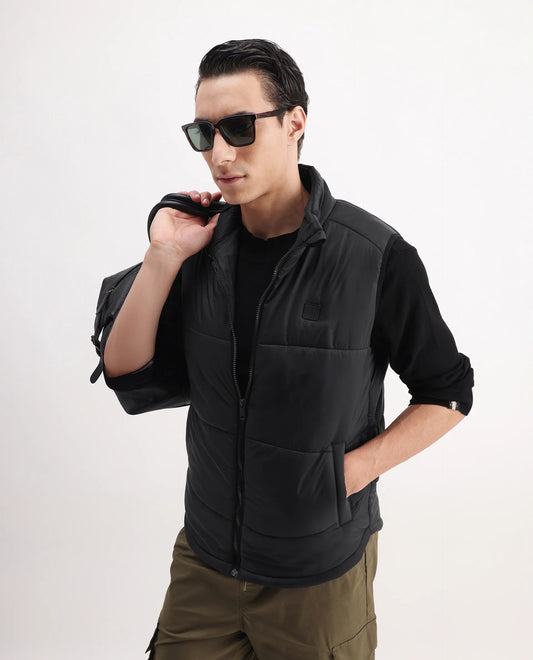 Rare Rabbit Men's Berry-25 Black Polyester Plain Regular Fit Sleeveless High Neck Jacket
