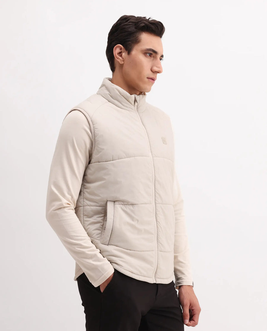 Rare Rabbit Men's Berry-25 Beige Polyester Fabric Sleeveless High Neck Plain Puffer Jacket