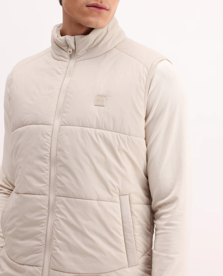 Rare Rabbit Men's Berry-25 Beige Polyester Fabric Sleeveless High Neck Plain Puffer Jacket
