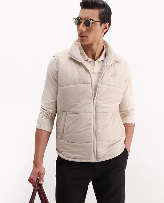 Rare Rabbit Men's Berry-25 Beige Polyester Fabric Sleeveless High Neck Plain Puffer Jacket