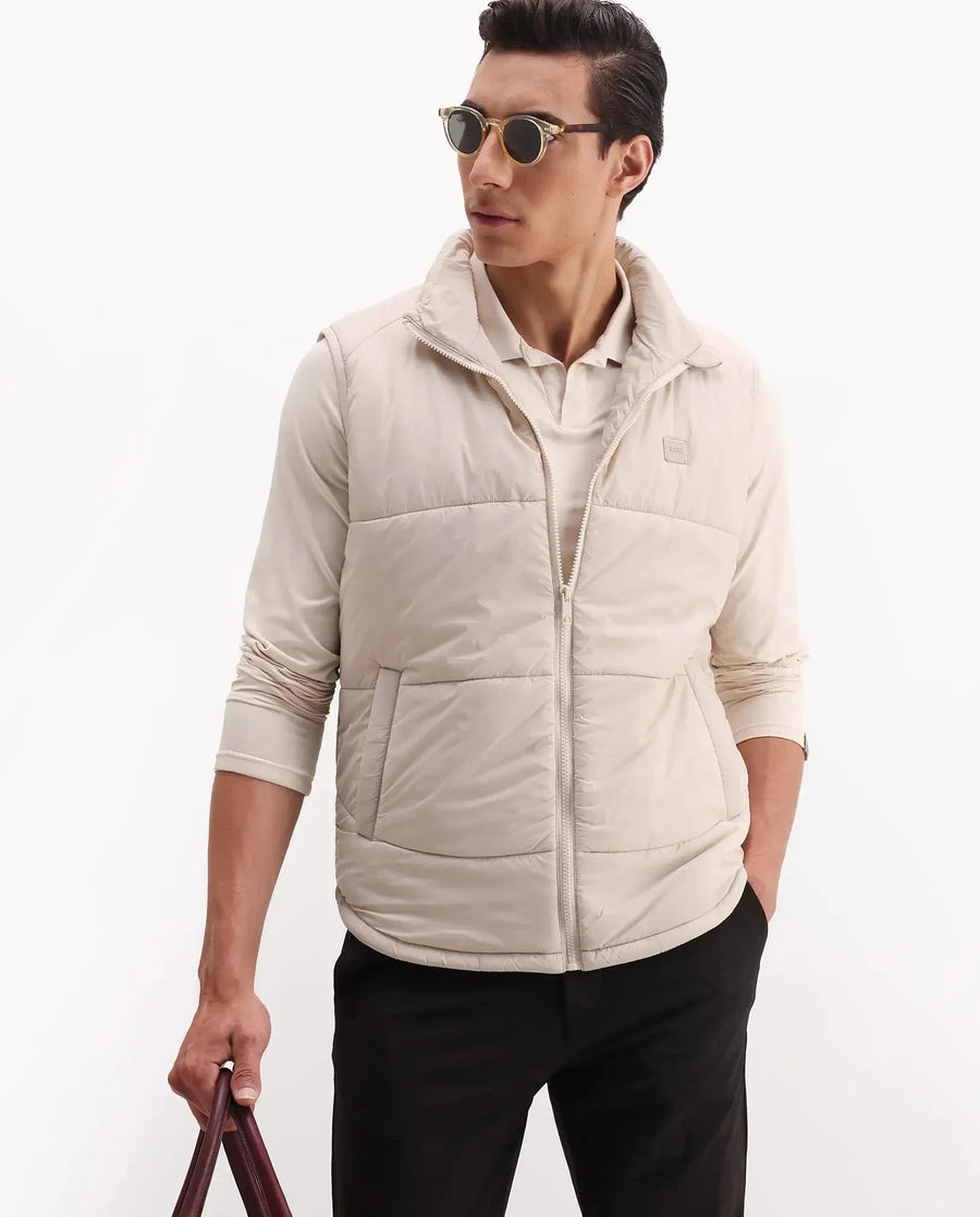 Rare Rabbit Men's Berry-25 Beige Polyester Fabric Sleeveless High Neck Plain Puffer Jacket