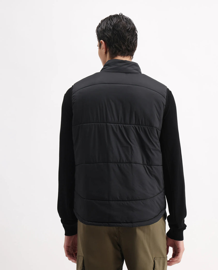Rare Rabbit Men's Berry-25 Black Polyester Plain Regular Fit Sleeveless High Neck Jacket