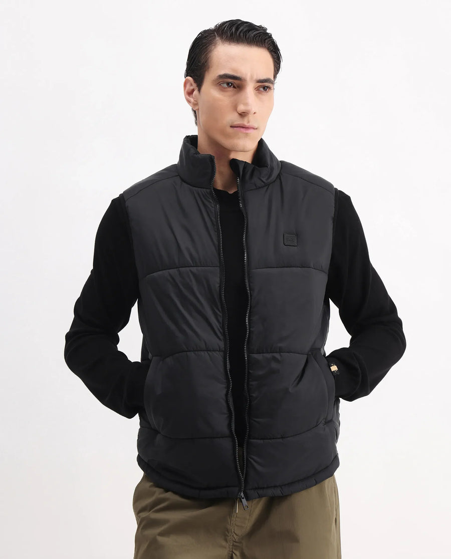 Rare Rabbit Men's Berry-25 Black Polyester Plain Regular Fit Sleeveless High Neck Jacket