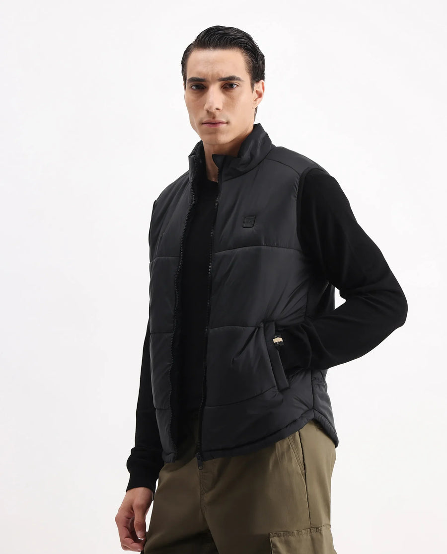 Rare Rabbit Men's Berry-25 Black Polyester Plain Regular Fit Sleeveless High Neck Jacket