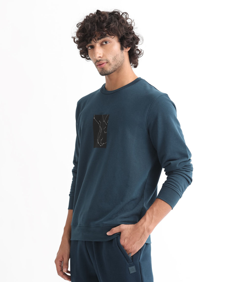 Rare Rabbit Men's Bexx Petrol Cotton Graphic Print Regular Fit Full Sleeve Crew Neck Sweatshirt