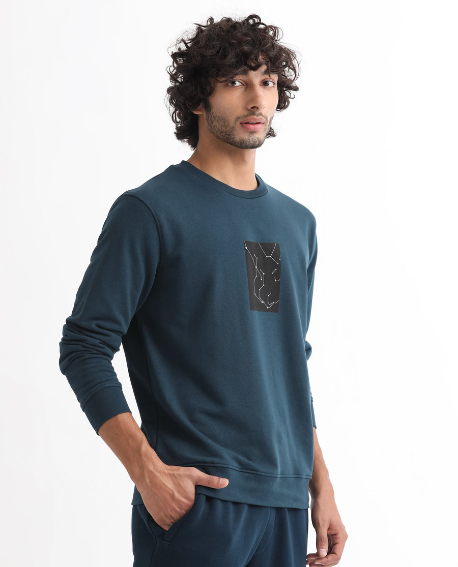 Rare Rabbit Men's Bexx Petrol Cotton Graphic Print Regular Fit Full Sleeve Crew Neck Sweatshirt
