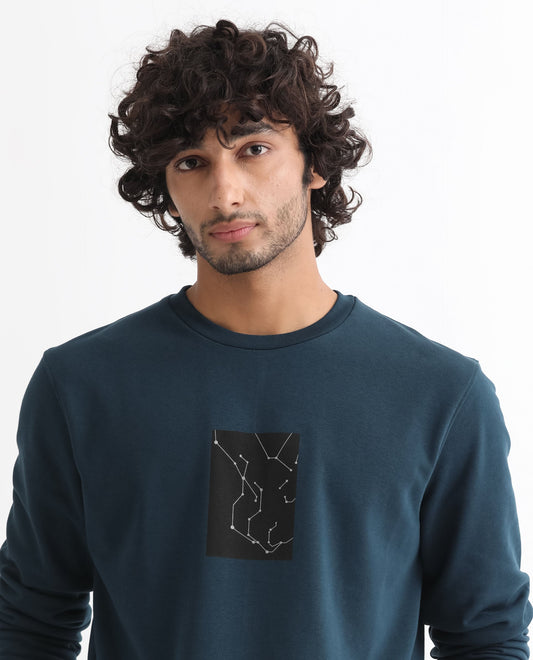 Rare Rabbit Men's Bexx Petrol Cotton Graphic Print Regular Fit Full Sleeve Crew Neck Sweatshirt