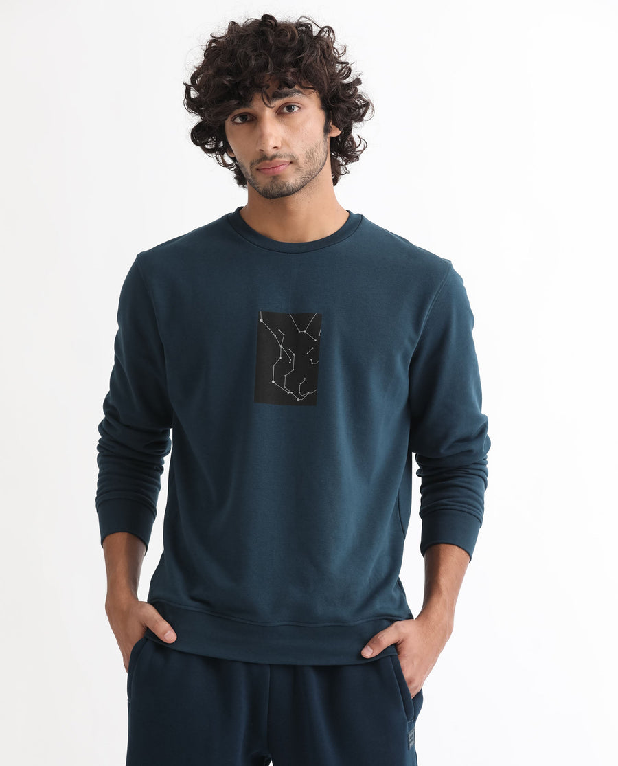 Rare Rabbit Men's Bexx Petrol Cotton Graphic Print Regular Fit Full Sleeve Crew Neck Sweatshirt