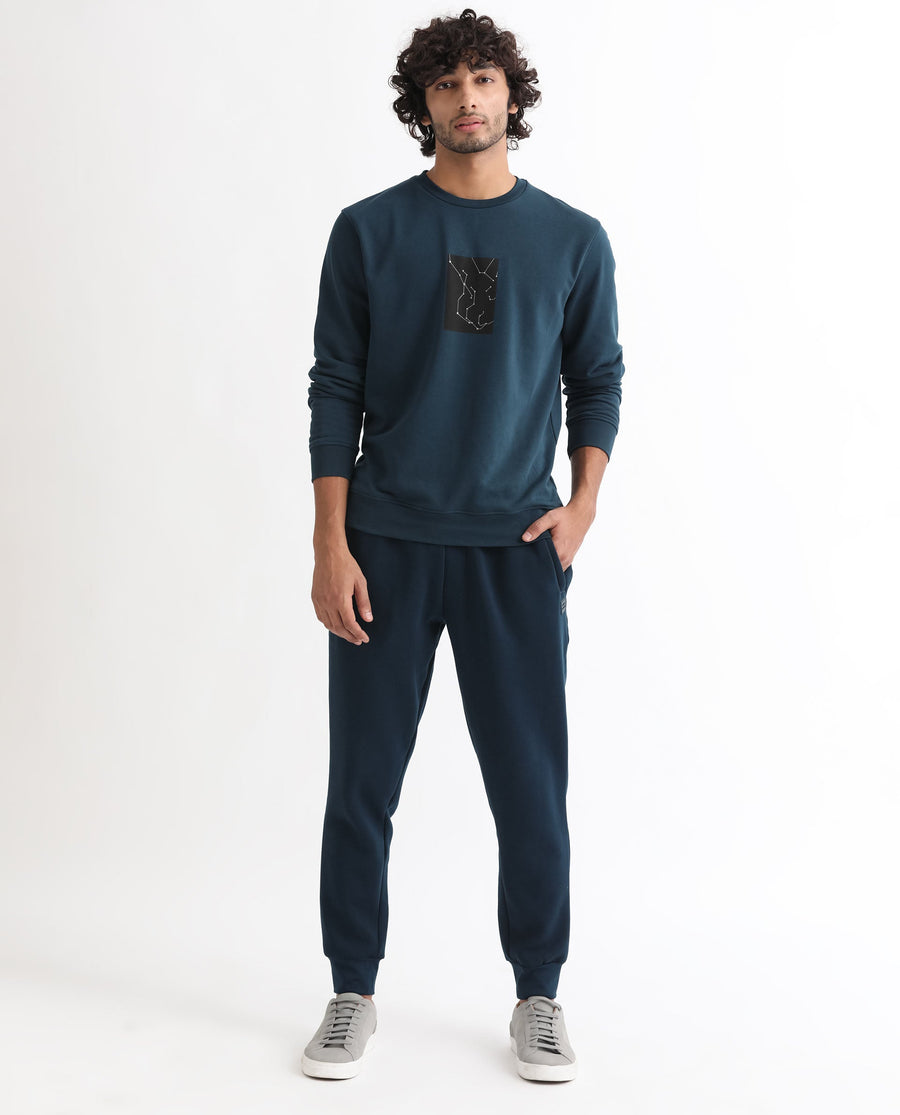 Rare Rabbit Men's Bexx Petrol Cotton Graphic Print Regular Fit Full Sleeve Crew Neck Sweatshirt