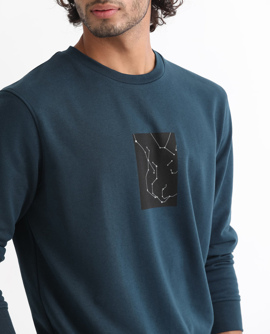Rare Rabbit Men's Bexx Petrol Cotton Graphic Print Regular Fit Full Sleeve Crew Neck Sweatshirt