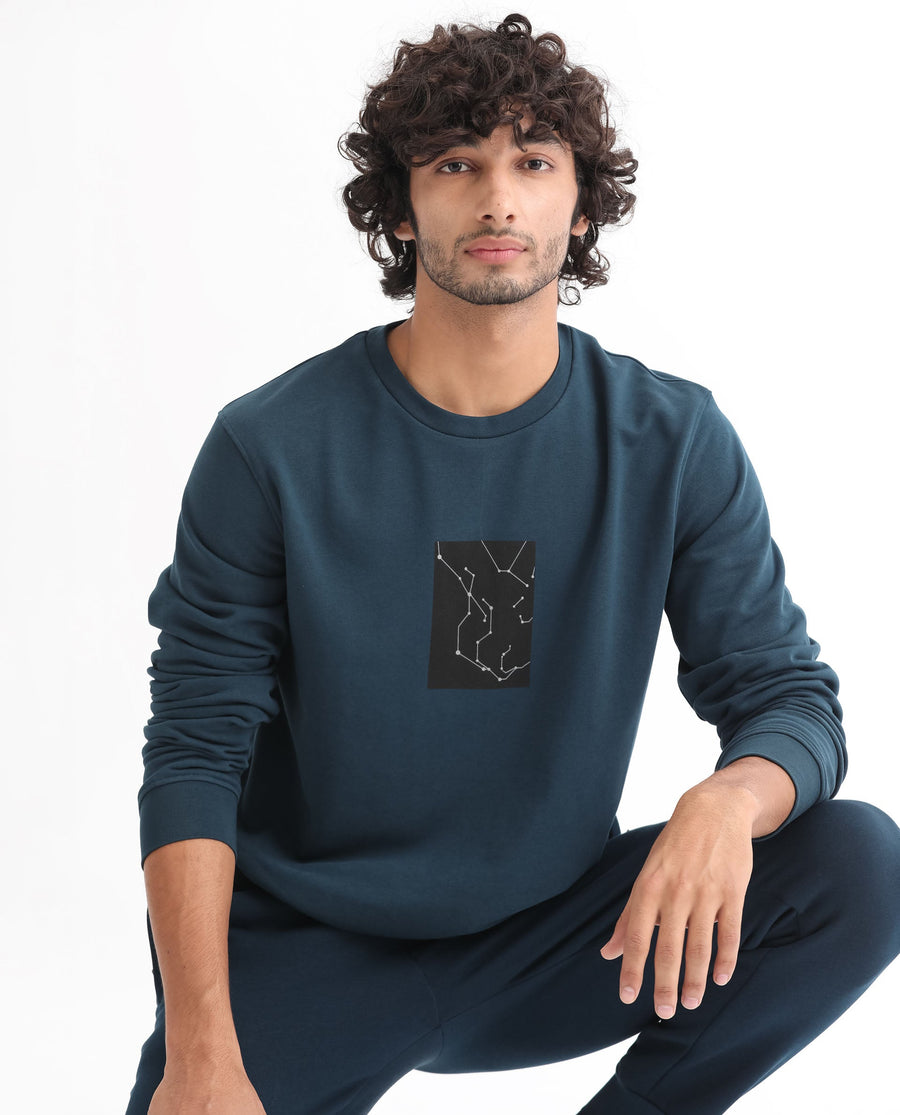 Rare Rabbit Men's Bexx Petrol Cotton Graphic Print Regular Fit Full Sleeve Crew Neck Sweatshirt