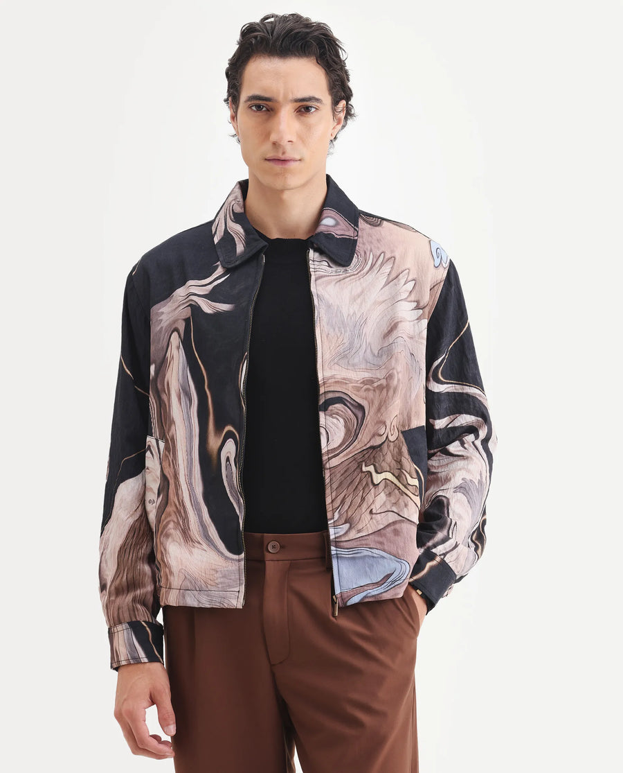 Rare Rabbit Men's Bexa Black Viscose Blend Fabric Spread Collar Regular Fit Abstract Print Jacket