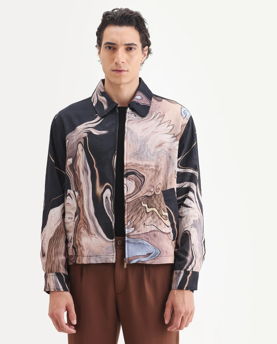Rare Rabbit Men's Bexa Black Viscose Blend Fabric Spread Collar Regular Fit Abstract Print Jacket