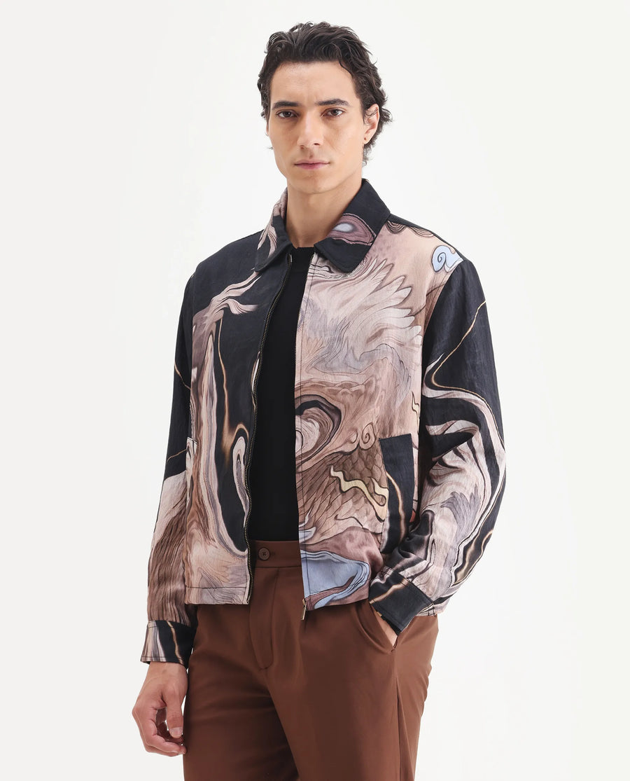 Rare Rabbit Men's Bexa Black Viscose Blend Fabric Spread Collar Regular Fit Abstract Print Jacket