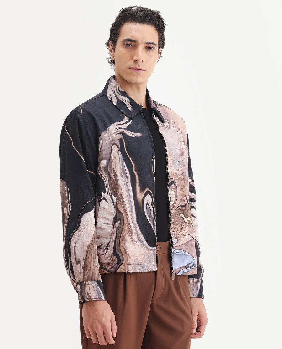 Rare Rabbit Men's Bexa Black Viscose Blend Fabric Spread Collar Regular Fit Abstract Print Jacket