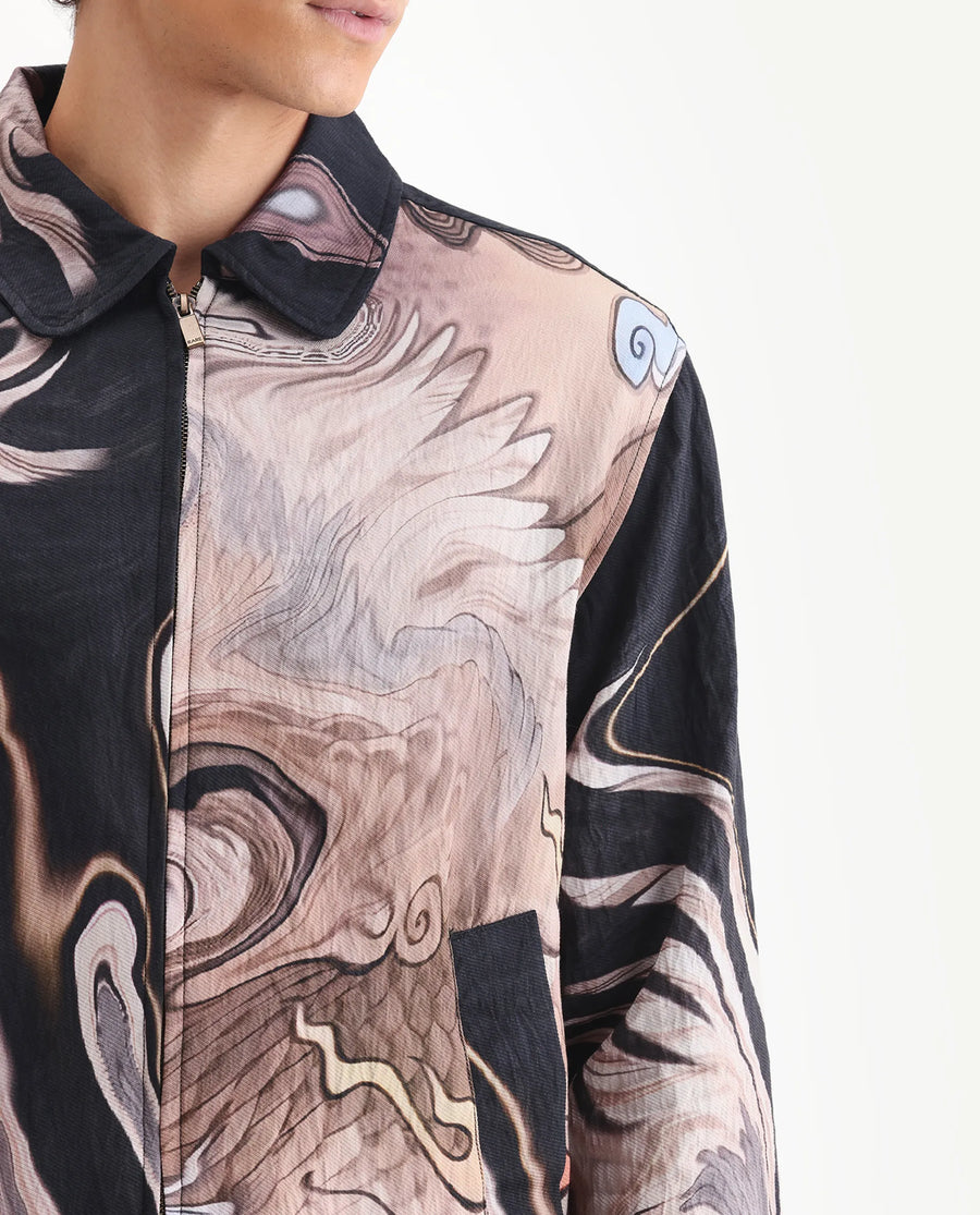 Rare Rabbit Men's Bexa Black Viscose Blend Fabric Spread Collar Regular Fit Abstract Print Jacket