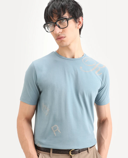 Rare Rabbit Men's Bex Dusky Blue Cotton Blend Fabric Half Sleeve Crew Neck Regular Fit Graphic Print T-Shirt