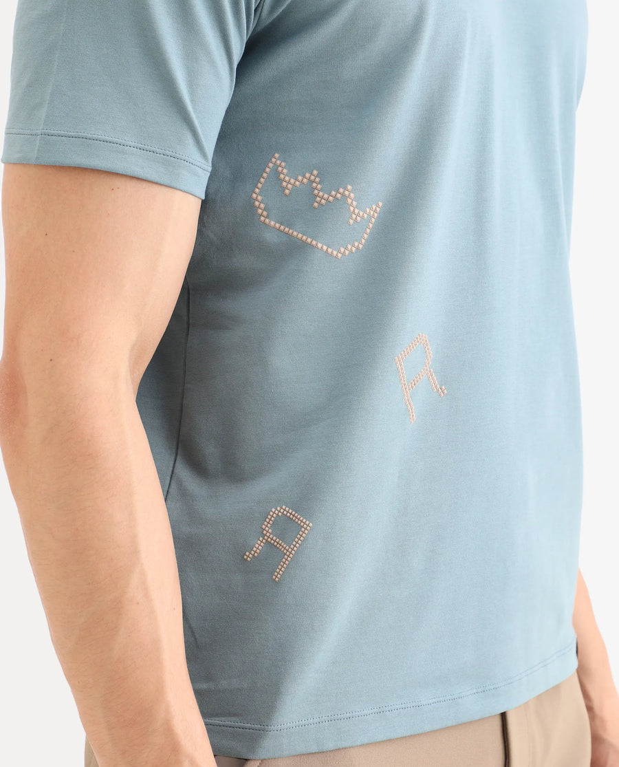 Rare Rabbit Men's Bex Dusky Blue Cotton Blend Fabric Half Sleeve Crew Neck Regular Fit Graphic Print T-Shirt