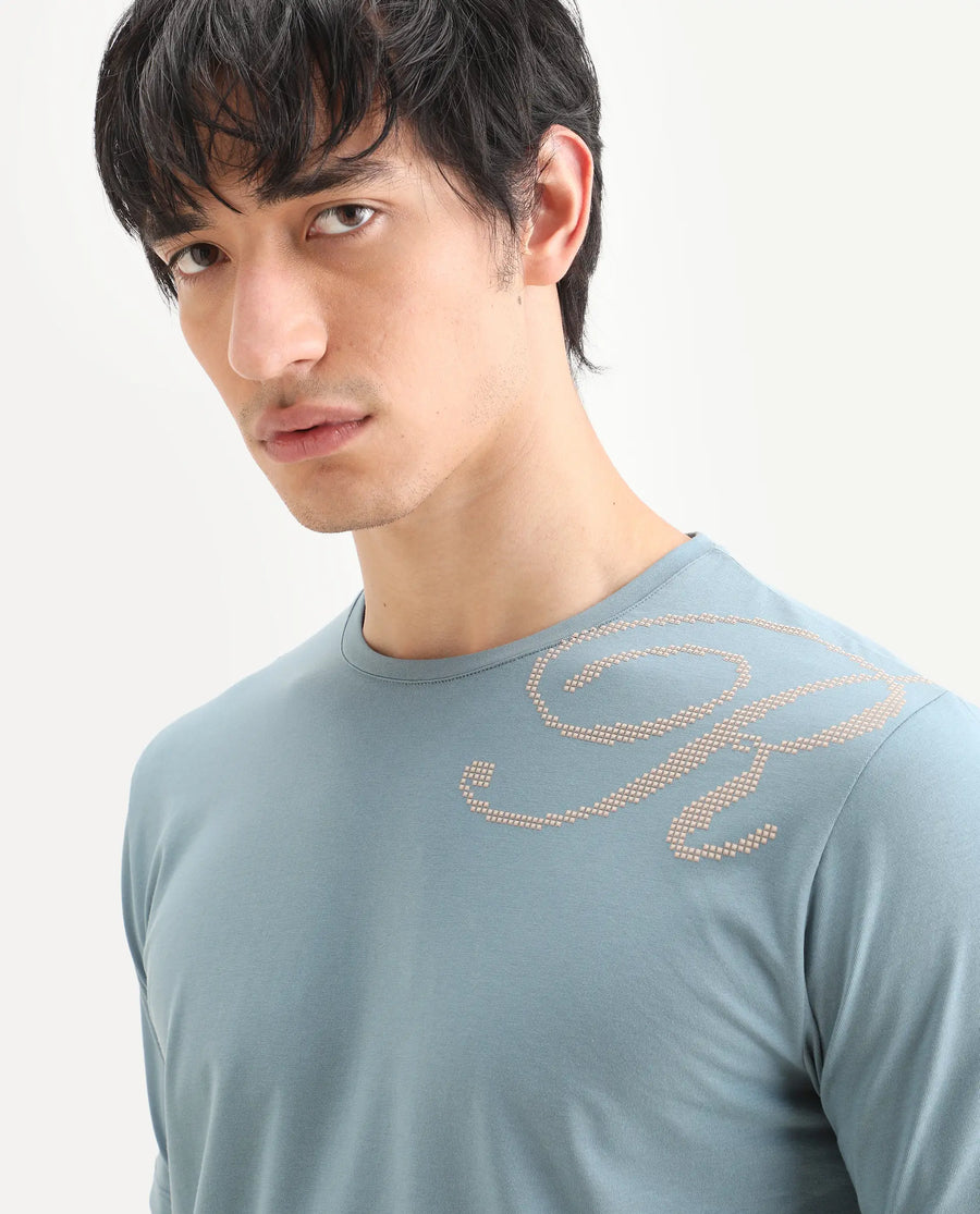 Rare Rabbit Men's Bex Dusky Blue Cotton Blend Fabric Half Sleeve Crew Neck Regular Fit Graphic Print T-Shirt