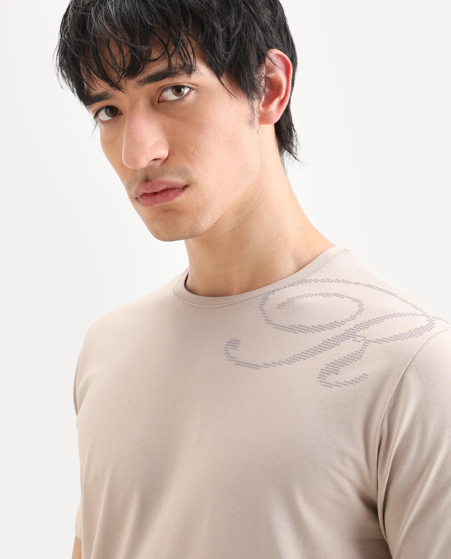 Rare Rabbit Men's Bex Light Beige Cotton Blend Fabric Half Sleeve Crew Neck Regular Fit Graphic Print T-Shirt