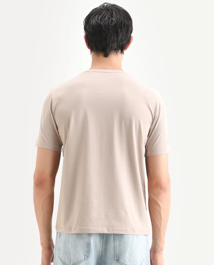 Rare Rabbit Men's Bex Light Beige Cotton Blend Fabric Half Sleeve Crew Neck Regular Fit Graphic Print T-Shirt