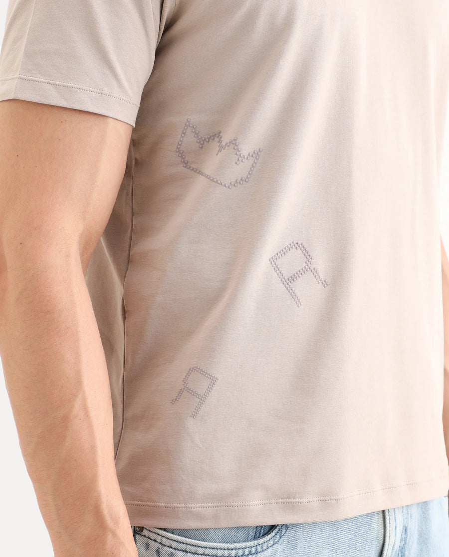 Rare Rabbit Men's Bex Light Beige Cotton Blend Fabric Half Sleeve Crew Neck Regular Fit Graphic Print T-Shirt