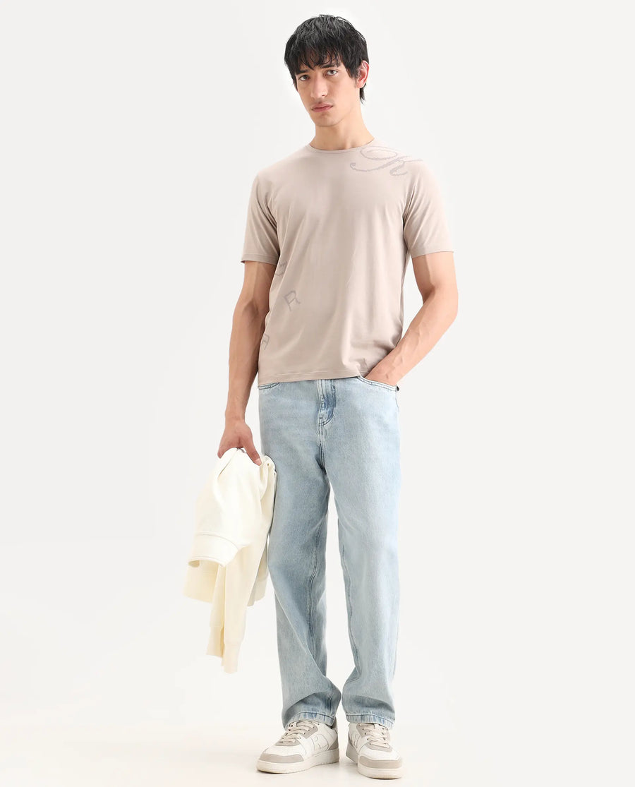 Rare Rabbit Men's Bex Light Beige Cotton Blend Fabric Half Sleeve Crew Neck Regular Fit Graphic Print T-Shirt