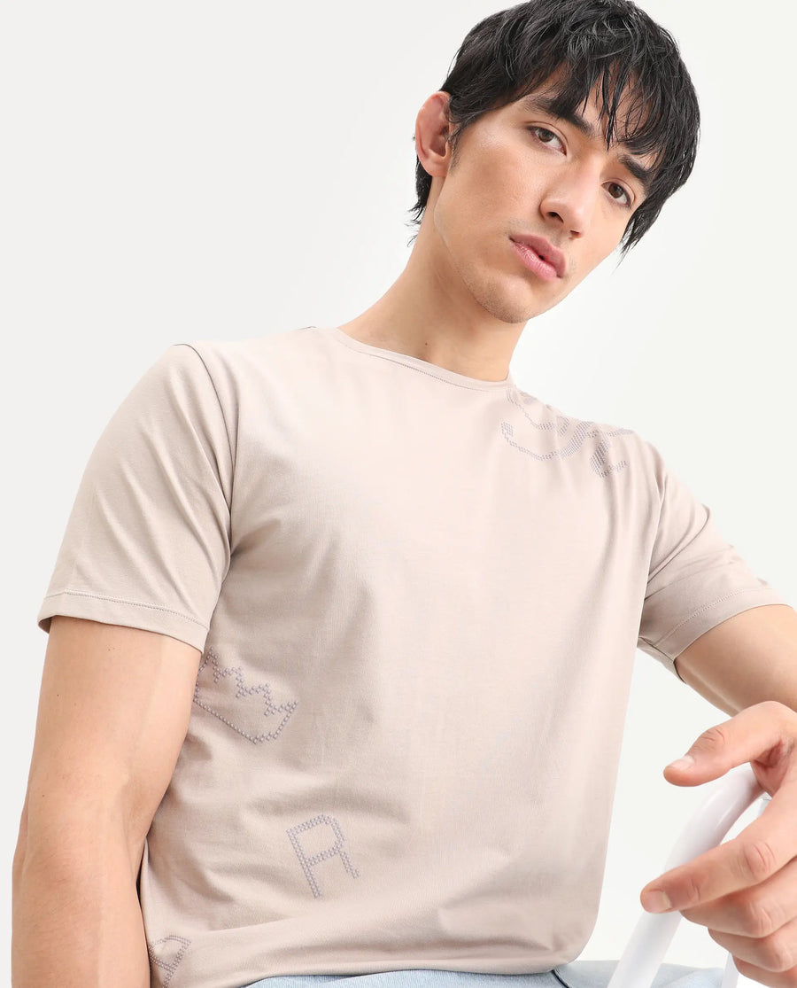 Rare Rabbit Men's Bex Light Beige Cotton Blend Fabric Half Sleeve Crew Neck Regular Fit Graphic Print T-Shirt
