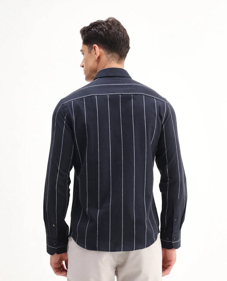Rare Rabbit Men's Beymen Navy Cotton Striped Print Regular Fit Full Sleeve Collared Shirt