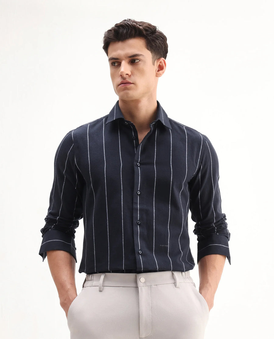 Rare Rabbit Men's Beymen Navy Cotton Striped Print Regular Fit Full Sleeve Collared Shirt