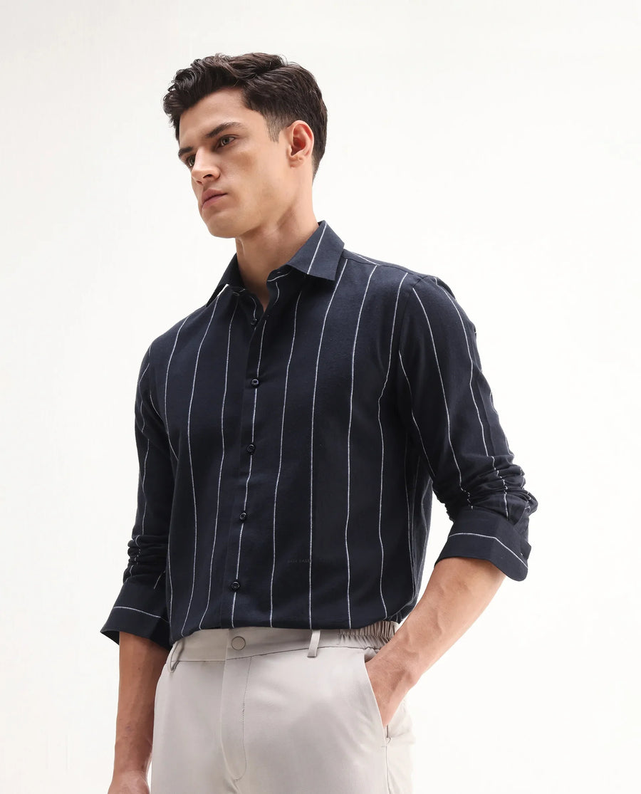 Rare Rabbit Men's Beymen Navy Cotton Striped Print Regular Fit Full Sleeve Collared Shirt