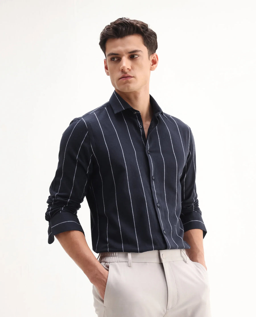 Rare Rabbit Men's Beymen Navy Cotton Striped Print Regular Fit Full Sleeve Collared Shirt