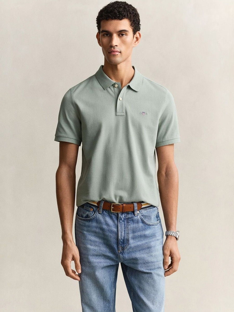 Gant Men Grey Solid Regular Fit Shield Pique Polo T-Shirt
