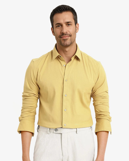 Rare Rabbit Men's Bicton Mustard Cotton Plain Regular Fit Full Sleeve Collared Shirt