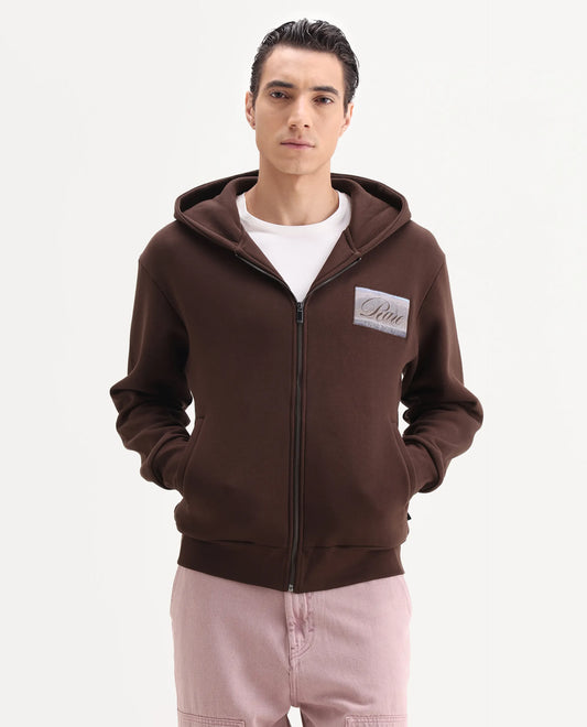 Rare Rabbit Men's Bien Dark Brown Cotton Blend Fabric Full Sleeves Hooded Zipper Closure Label Print Sweatshirt