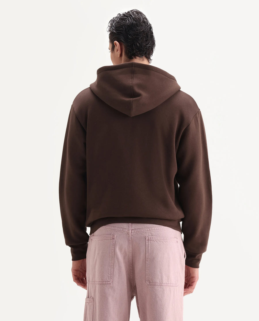 Rare Rabbit Men's Bien Dark Brown Cotton Blend Fabric Full Sleeves Hooded Zipper Closure Label Print Sweatshirt