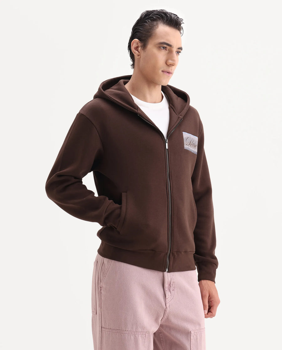 Rare Rabbit Men's Bien Dark Brown Cotton Blend Fabric Full Sleeves Hooded Zipper Closure Label Print Sweatshirt
