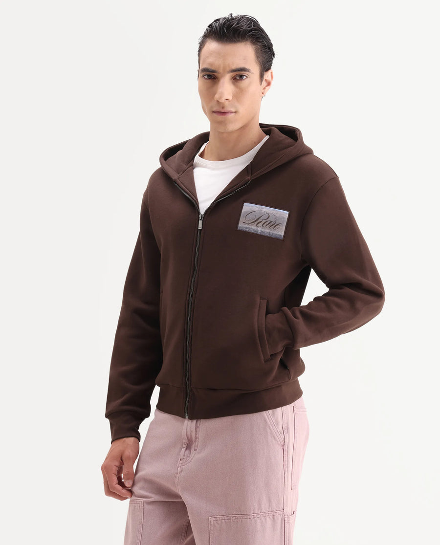 Rare Rabbit Men's Bien Dark Brown Cotton Blend Fabric Full Sleeves Hooded Zipper Closure Label Print Sweatshirt