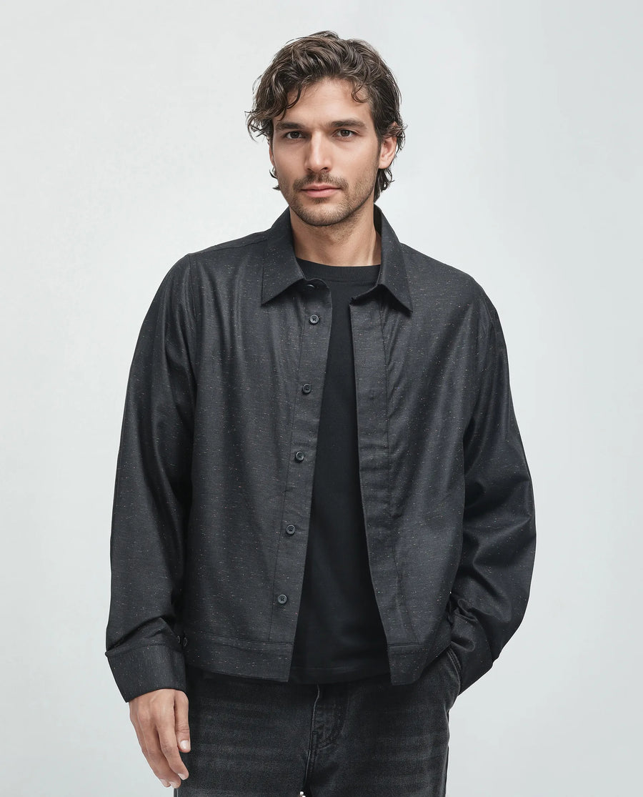 Rare Rabbit Men's Biot-S Black Cotton Blend Plain Relaxed Fit Full Sleeve Collared Shacket