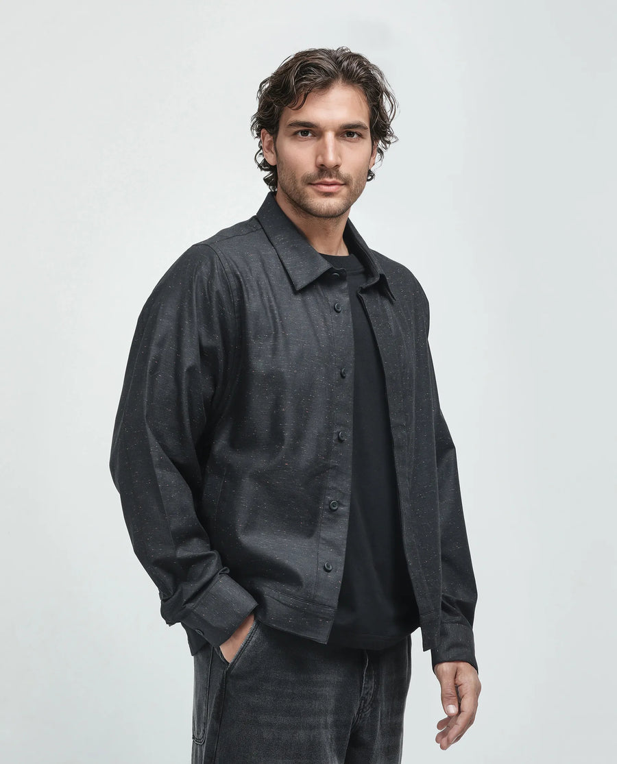 Rare Rabbit Men's Biot-S Black Cotton Blend Plain Relaxed Fit Full Sleeve Collared Shacket